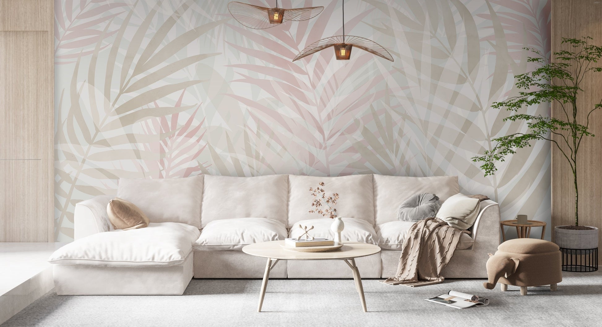 An architectural perspective of a contemporary sunlit lounge featuring the Hush Leaves Mural in Pale Beige as a full-scale feature wall. The mural’s soft neutral tones pair elegantly with linen upholstery, natural wood furniture, and warm terracotta accents, creating a serene and sophisticated interior sanctuary.
