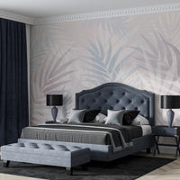 An architectural perspective of a contemporary sunlit lounge featuring the Hush Leaves Mural in Pale Blue as a full-scale feature wall. The mural’s cool, airy tones pair elegantly with white marble surfaces, light gray textiles, and silver-toned accents, creating a serene and sophisticated interior sanctuary.