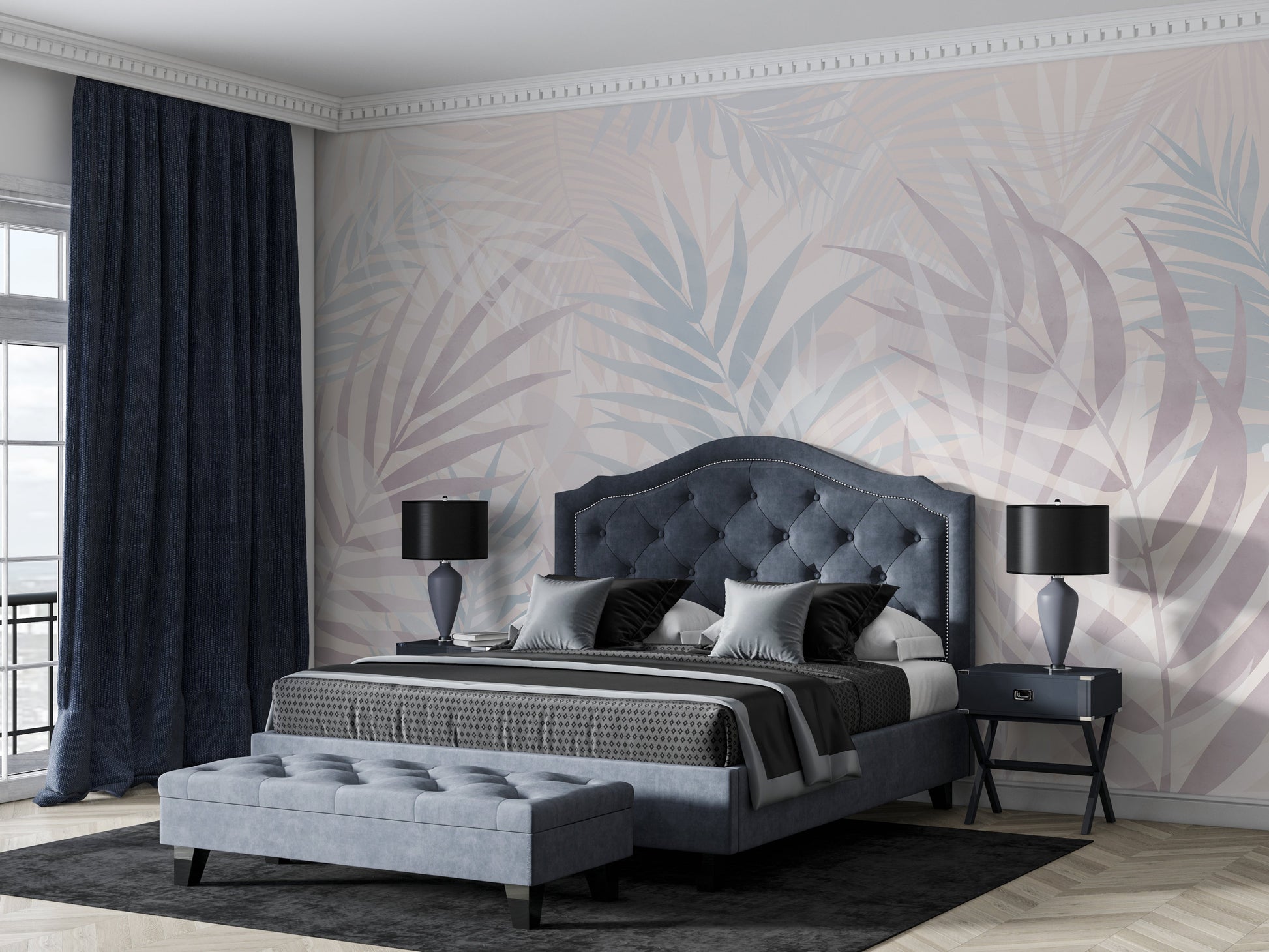 An architectural perspective of a contemporary sunlit lounge featuring the Hush Leaves Mural in Pale Blue as a full-scale feature wall. The mural’s cool, airy tones pair elegantly with white marble surfaces, light gray textiles, and silver-toned accents, creating a serene and sophisticated interior sanctuary.