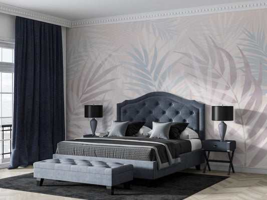An architectural perspective of a contemporary sunlit lounge featuring the Hush Leaves Mural in Pale Blue as a full-scale feature wall. The mural’s cool, airy tones pair elegantly with white marble surfaces, light gray textiles, and silver-toned accents, creating a serene and sophisticated interior sanctuary.