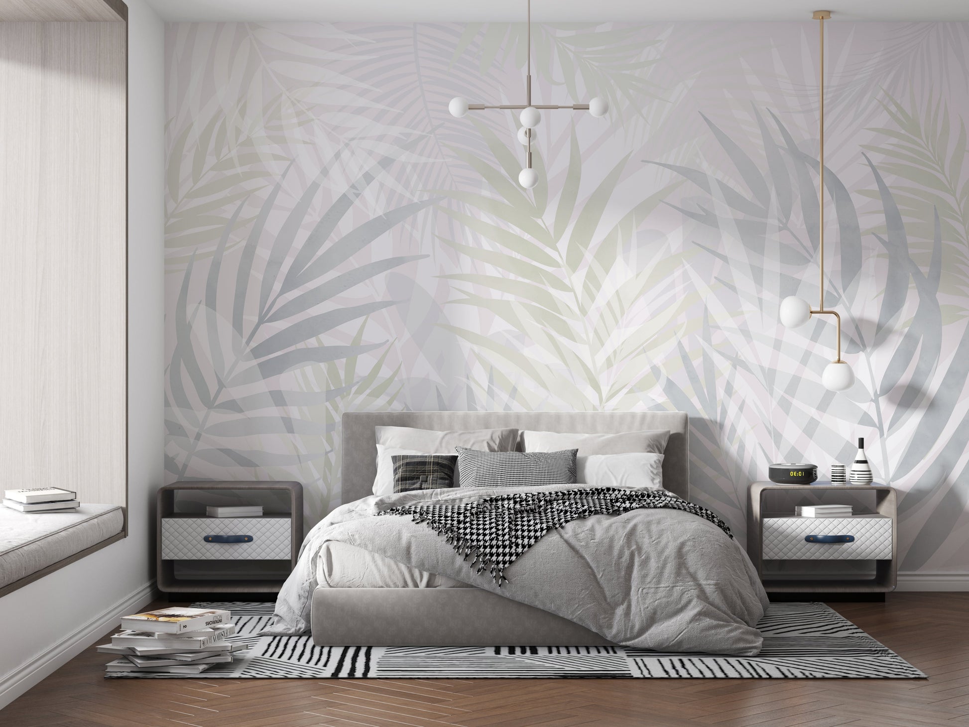 An architectural perspective of a contemporary sunlit lounge featuring the Hush Leaves Mural in Pale Green as a full-scale feature wall. The mural’s soft verdant tones pair elegantly with light birch furniture, white linen upholstery, and natural woven accents, creating a serene and sophisticated interior sanctuary.