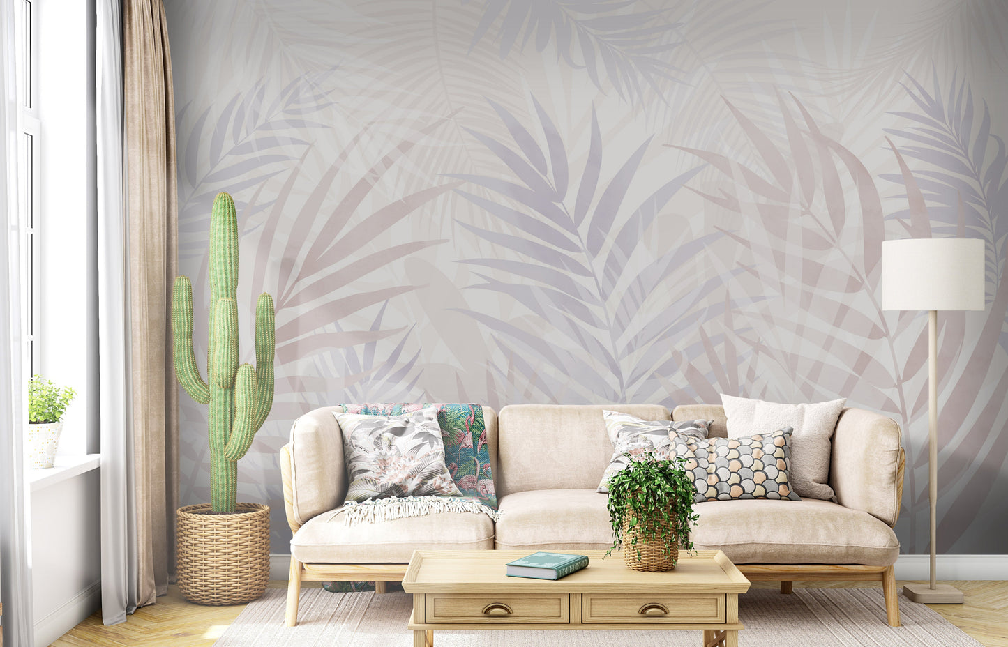 An architectural perspective of a contemporary sunlit lounge featuring the Hush Leaves Mural in Pale Lilac as a full-scale feature wall. The mural’s soft purple tones pair elegantly with beige velvet upholstery, light oak furniture, and natural woven accents, creating a serene and sophisticated interior sanctuary.