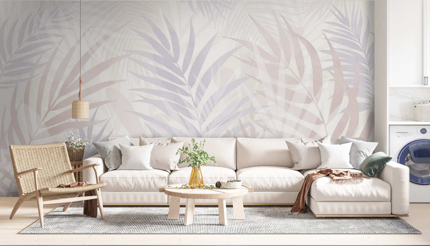An architectural perspective of a contemporary sunlit lounge featuring the Hush Leaves Mural in Pale Lilac as a full-scale feature wall. The mural’s soft purple tones pair elegantly with beige velvet upholstery, light oak furniture, and natural woven accents, creating a serene and sophisticated interior sanctuary.