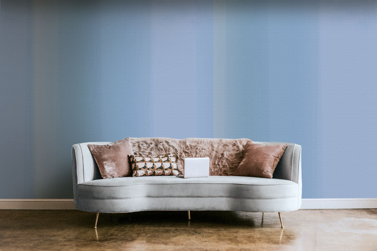 Iceberg blue, water colour stripes wallpaper in a living room