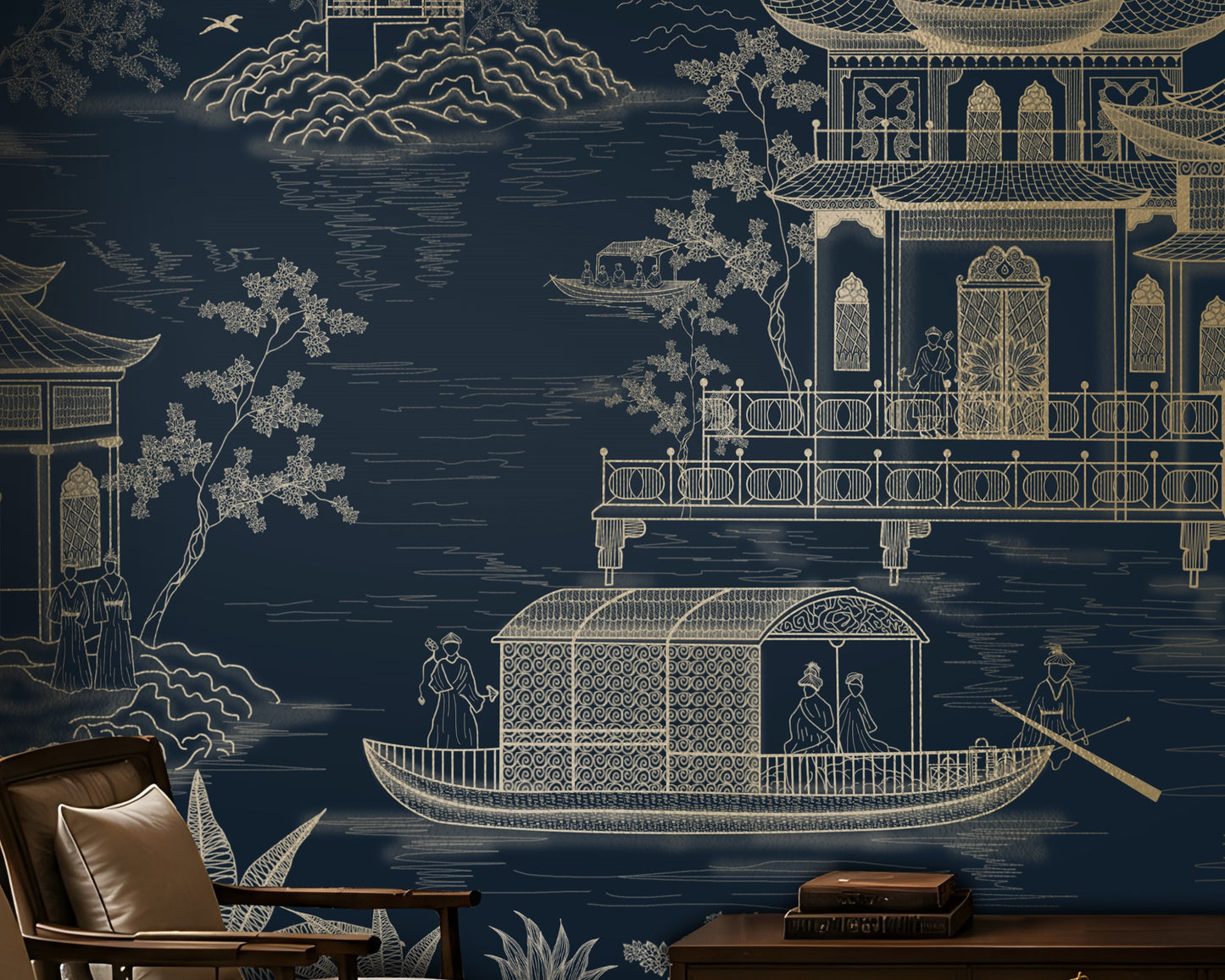 1433_DA_Imperial Garden Retreat Wallpaper, Deep Navy, Wall Mural.