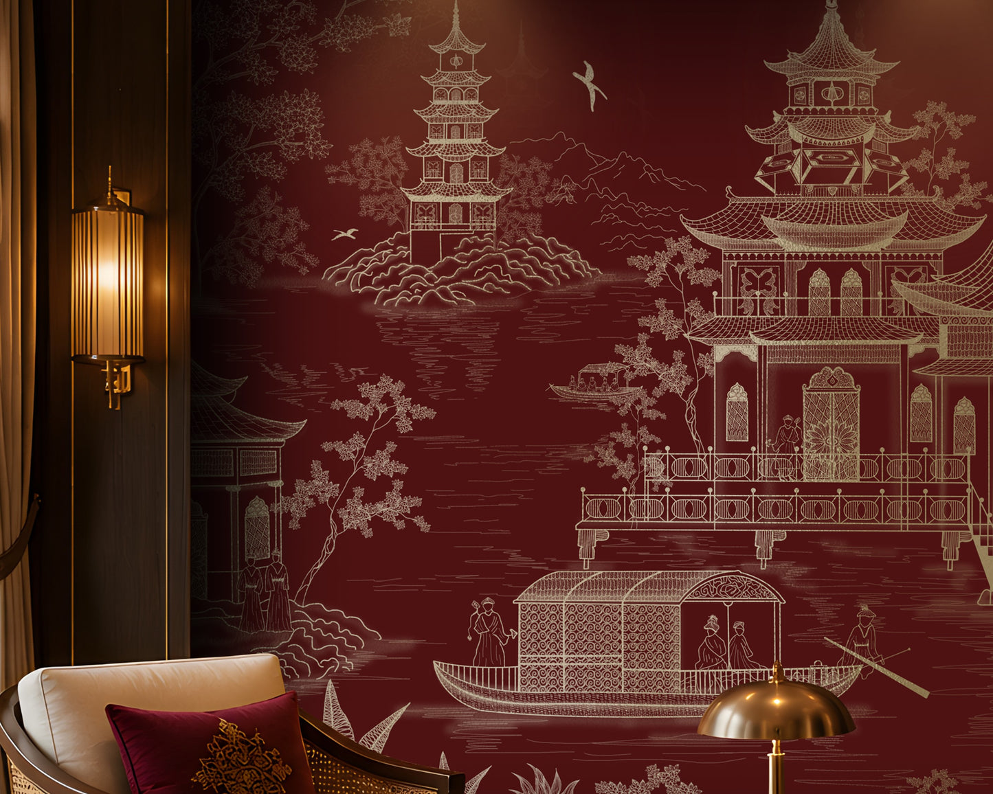 1429_DA_Imperial Garden Retreat Wallpaper, Crimson Red, Wall Mural.