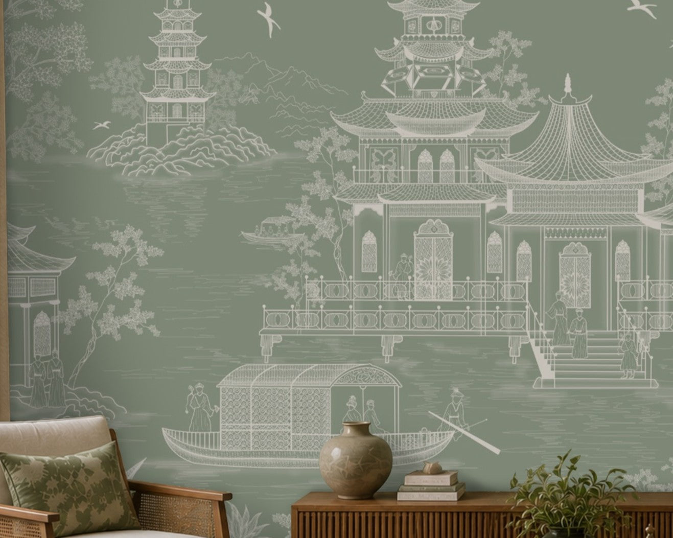 1436_DA_Imperial Garden Retreat Wallpaper, Pistachio Green, Wall Mural.