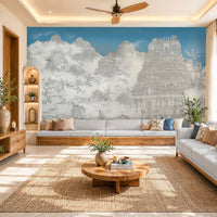 Indo-Zen Heritage Mural in Sky Blue featuring intricate Indian temple architecture, misty mountain landscapes, and Japanese-inspired line art as a statement wall in a modern living room with wooden furniture and neutral décor.