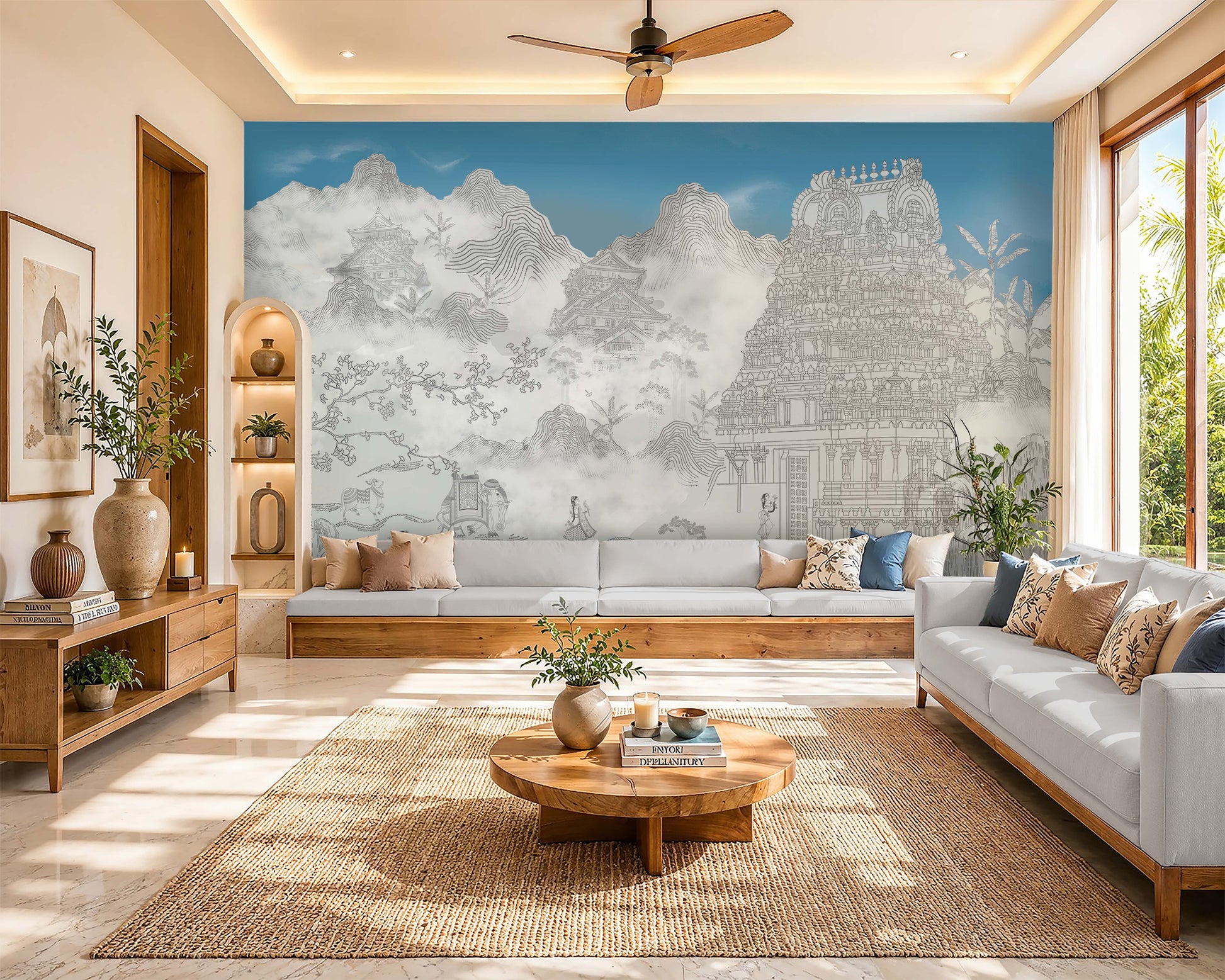 Indo-Zen Heritage Mural in Sky Blue featuring intricate Indian temple architecture, misty mountain landscapes, and Japanese-inspired line art as a statement wall in a modern living room with wooden furniture and neutral décor.