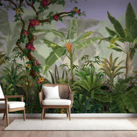 An architectural perspective of a contemporary lounge featuring the Jungle Abode Mural as a full-scale feature wall. The mural’s deep botanical composition pairs elegantly with rattan furniture and clean interior lines, creating a peaceful and cultured interior sanctuary.