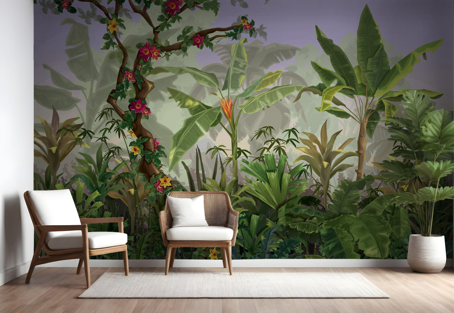 An architectural perspective of a contemporary lounge featuring the Jungle Abode Mural as a full-scale feature wall. The mural’s deep botanical composition pairs elegantly with rattan furniture and clean interior lines, creating a peaceful and cultured interior sanctuary.
