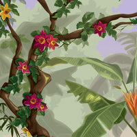 An architectural perspective of a contemporary lounge featuring the Jungle Abode Mural as a full-scale feature wall. The mural’s deep botanical composition pairs elegantly with rattan furniture and clean interior lines, creating a peaceful and cultured interior sanctuary.