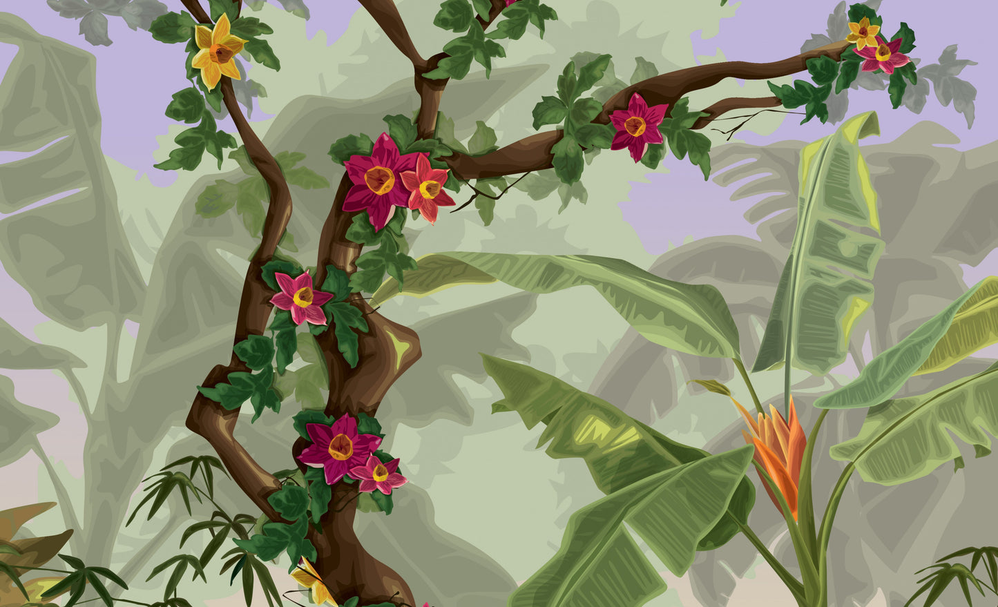 An architectural perspective of a contemporary lounge featuring the Jungle Abode Mural as a full-scale feature wall. The mural’s deep botanical composition pairs elegantly with rattan furniture and clean interior lines, creating a peaceful and cultured interior sanctuary.