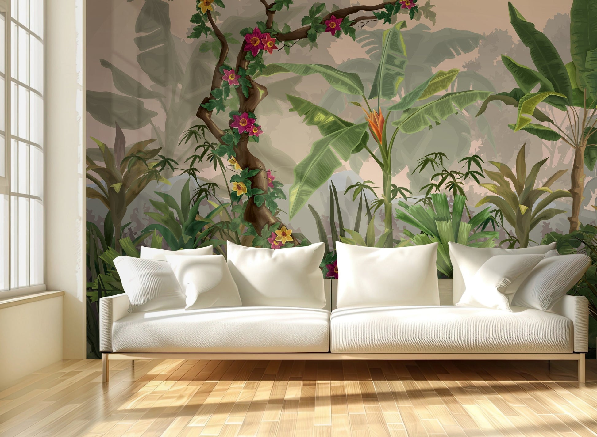 An architectural perspective of a contemporary sunroom or living area featuring the Jungle Abode Mural in Light Beige as a full-scale feature wall. The mural’s warm botanical style pairs elegantly with light oak flooring and cream-colored upholstery, creating a peaceful and cultured interior sanctuary.