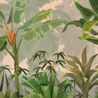 An architectural perspective of a contemporary sunroom or living area featuring the Jungle Abode Mural in Light Beige as a full-scale feature wall. The mural’s warm botanical style pairs elegantly with light oak flooring and cream-colored upholstery, creating a peaceful and cultured interior sanctuary.