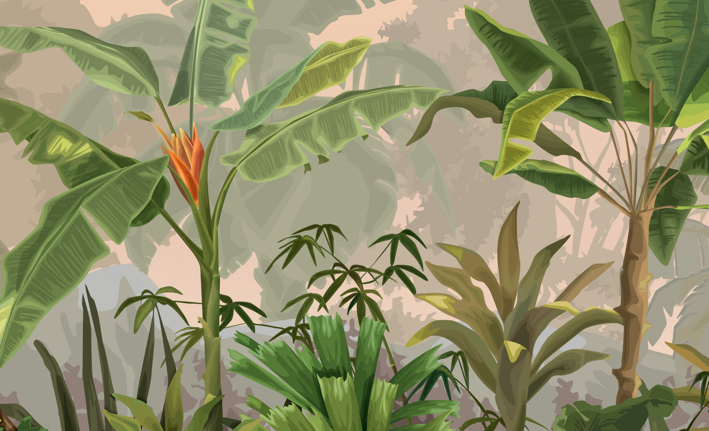 An architectural perspective of a contemporary sunroom or living area featuring the Jungle Abode Mural in Light Beige as a full-scale feature wall. The mural’s warm botanical style pairs elegantly with light oak flooring and cream-colored upholstery, creating a peaceful and cultured interior sanctuary.