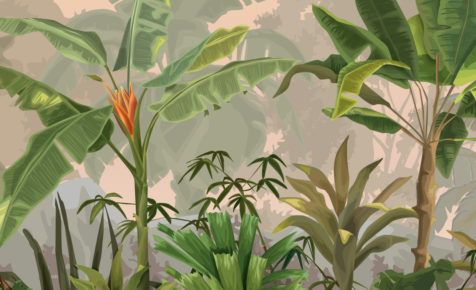 An architectural perspective of a contemporary sunroom or living area featuring the Jungle Abode Mural in Light Beige as a full-scale feature wall. The mural’s warm botanical style pairs elegantly with light oak flooring and cream-colored upholstery, creating a peaceful and cultured interior sanctuary.