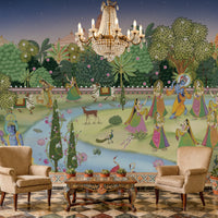 A high-resolution detail of the Krishna Pichwai Mural Wallpaper, showcasing the fine, traditional brushwork and ornamental detailing of the figures and flora. The image highlights the vibrant contrast between the saffron-clad Gopis and the rich, multi-tonal greenery of the Vrindavan landscape.