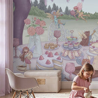 Lavender fairy garden kids room mural wallpaper with tea party, cakes, roses and playful fairies in a pastel dreamy setting