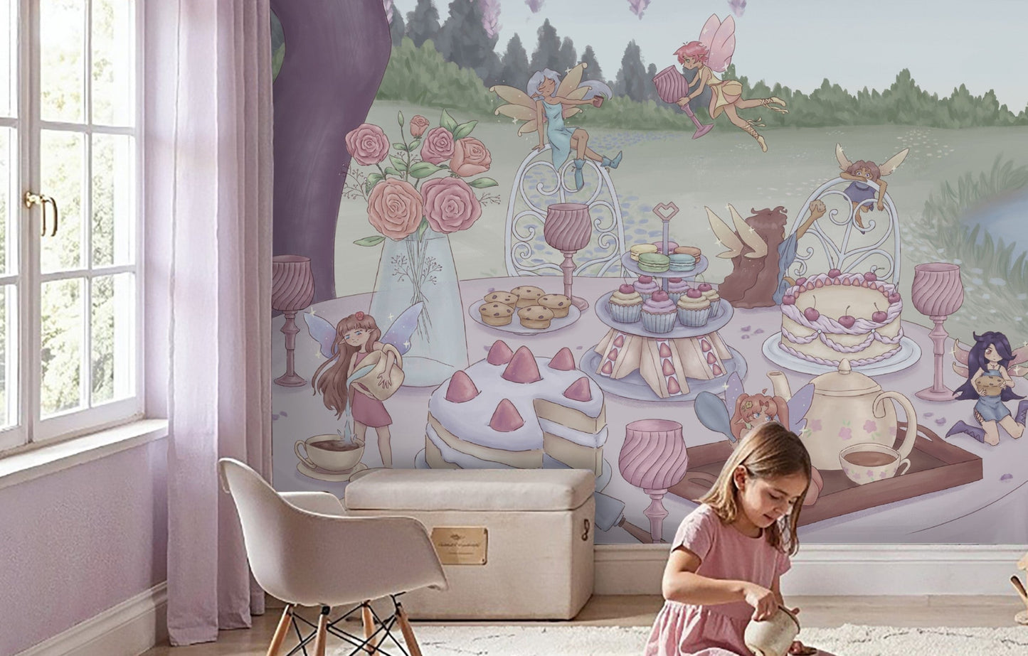 Lavender fairy garden kids room mural wallpaper with tea party, cakes, roses and playful fairies in a pastel dreamy setting