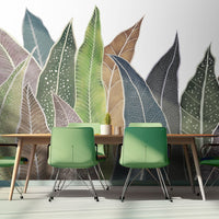 An architectural perspective of a modern dining space featuring the Leafline Story Abstract Mural as a full-scale feature wall. The mural’s verticality and lush, layered composition pair elegantly with contemporary green seating, wooden furniture, and bright, natural light, creating a fresh and cultured atmosphere.