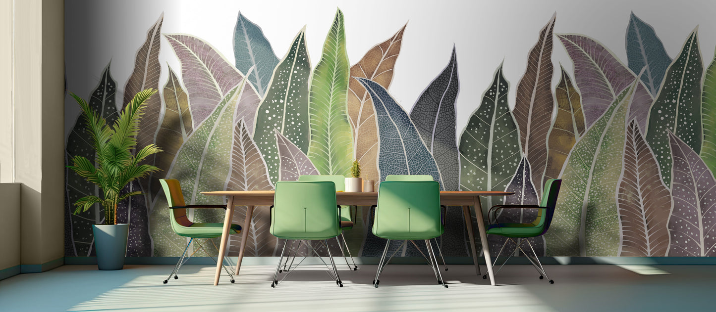 An architectural perspective of a modern dining space featuring the Leafline Story Abstract Mural as a full-scale feature wall. The mural’s verticality and lush, layered composition pair elegantly with contemporary green seating, wooden furniture, and bright, natural light, creating a fresh and cultured atmosphere.
