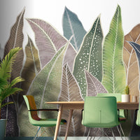A high-resolution detail of the Leafline Story Tropical Wallpaper, highlighting the varied textures and artistic techniques used on each leaf, including white dotted patterns, intricate veining, and painterly color gradients. The image showcases the vibrant interplay between moss green, plum, and sandy taupe tones.