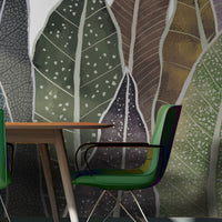 A high-resolution detail of the Leafline Story Tropical Wallpaper, highlighting the varied textures and artistic techniques used on each leaf, including white dotted patterns, intricate veining, and painterly color gradients. The image showcases the vibrant interplay between moss green, plum, and sandy taupe tones.