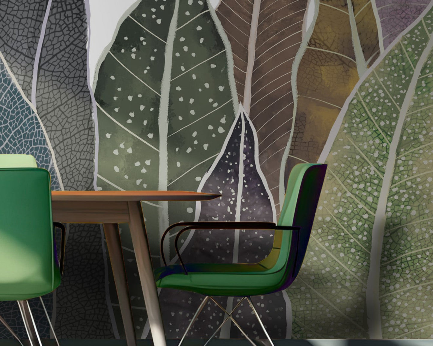 A high-resolution detail of the Leafline Story Tropical Wallpaper, highlighting the varied textures and artistic techniques used on each leaf, including white dotted patterns, intricate veining, and painterly color gradients. The image showcases the vibrant interplay between moss green, plum, and sandy taupe tones.
