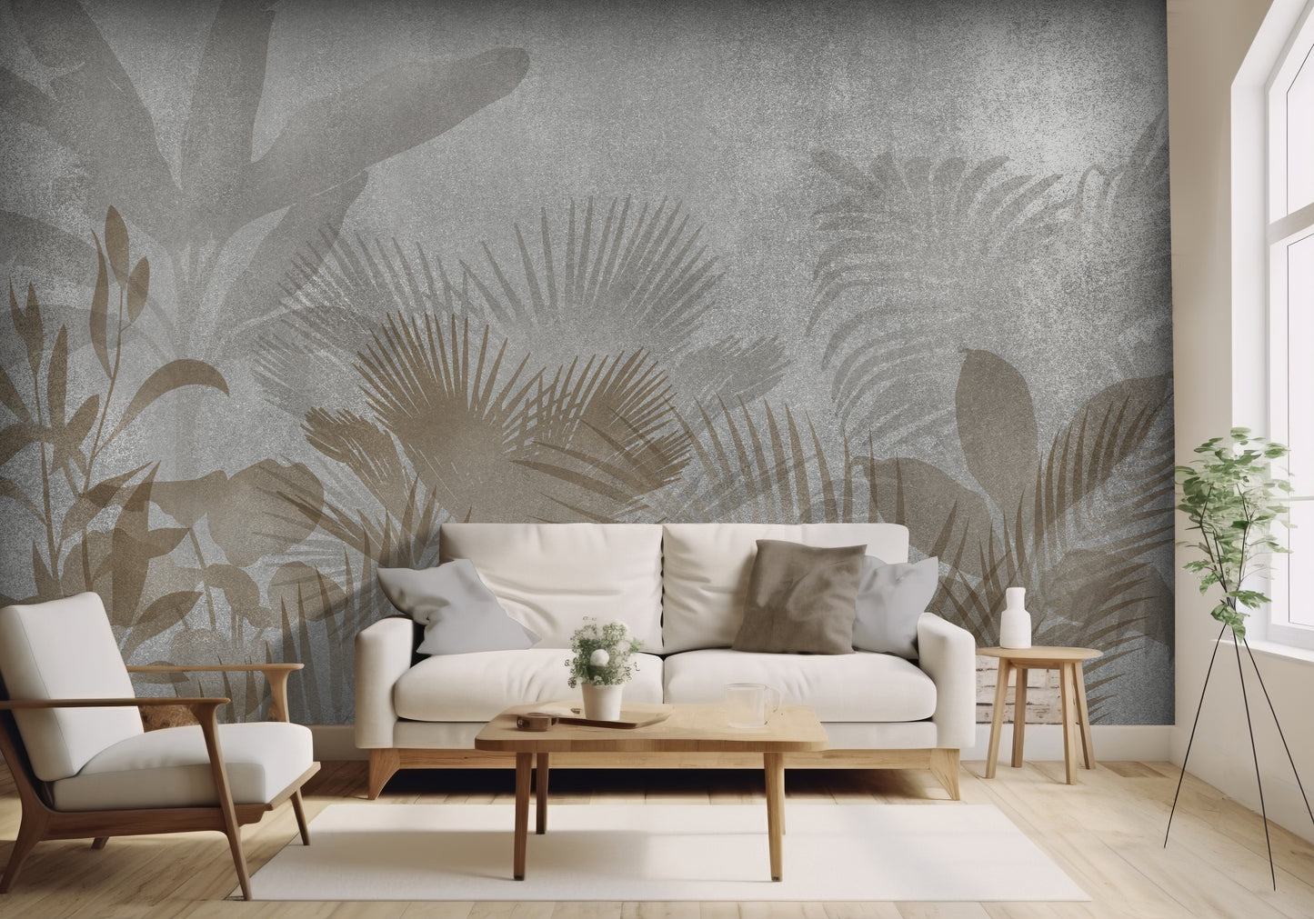 An architectural perspective of a contemporary living room featuring the Leafy Dreamscape Mural as a full-scale feature wall. The mural’s muted gray and tan tones pair elegantly with a cream-colored sofa, light wood furniture, and minimalist decor, creating a serene and sophisticated interior sanctuary.