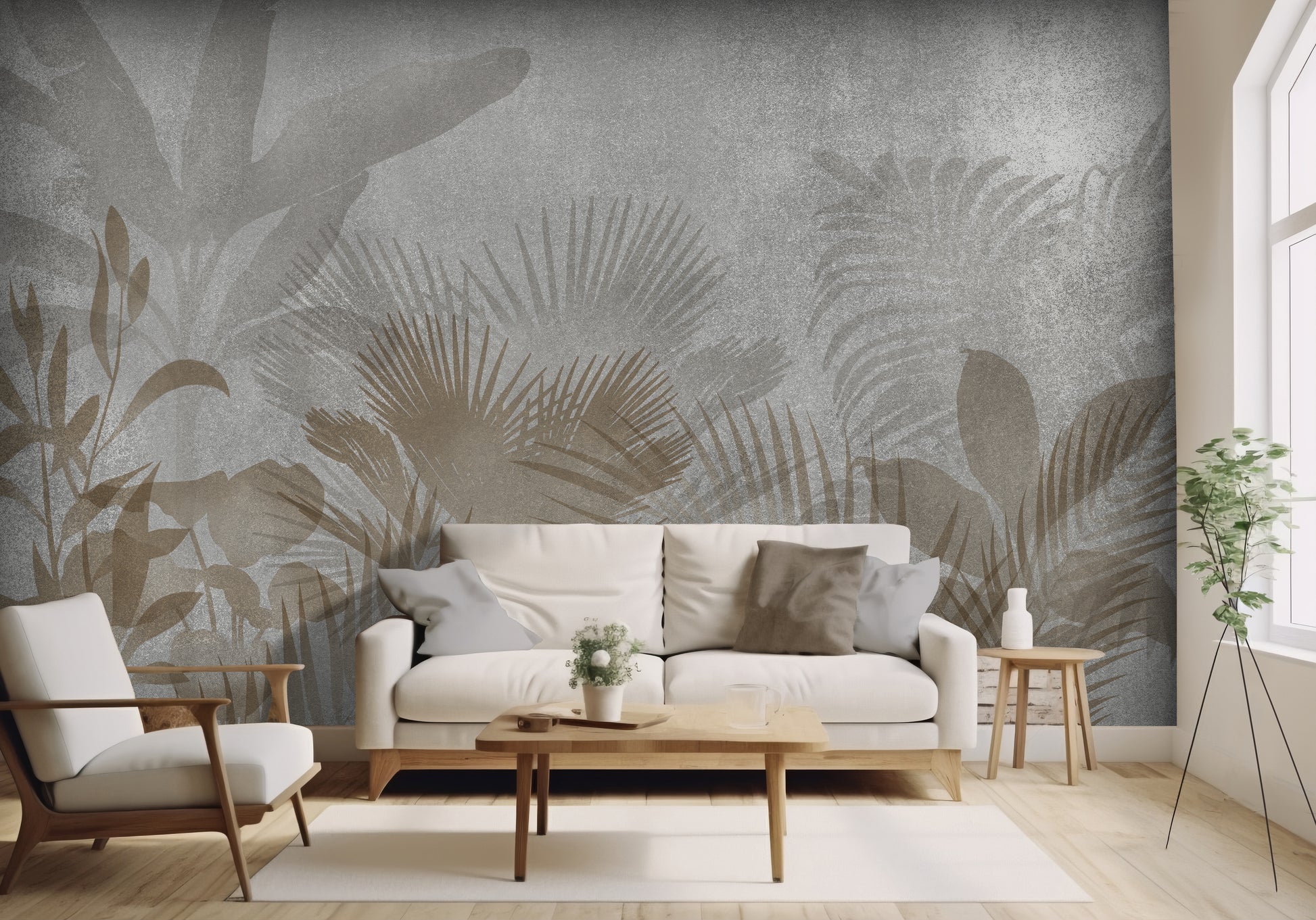 An architectural perspective of a contemporary living room featuring the Leafy Dreamscape Mural as a full-scale feature wall. The mural’s muted gray and tan tones pair elegantly with a cream-colored sofa, light wood furniture, and minimalist decor, creating a serene and sophisticated interior sanctuary.