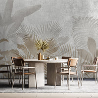 An architectural perspective of a contemporary living room featuring the Leafy Dreamscape Mural as a full-scale feature wall. The mural’s muted gray and tan tones pair elegantly with a cream-colored sofa, light wood furniture, and minimalist decor, creating a serene and sophisticated interior sanctuary.