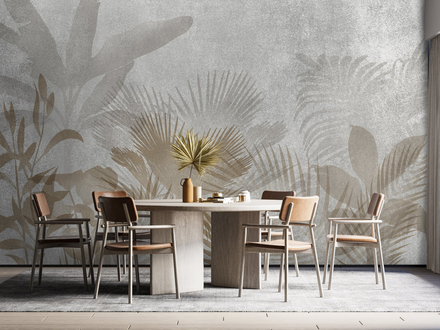 An architectural perspective of a contemporary living room featuring the Leafy Dreamscape Mural as a full-scale feature wall. The mural’s muted gray and tan tones pair elegantly with a cream-colored sofa, light wood furniture, and minimalist decor, creating a serene and sophisticated interior sanctuary.