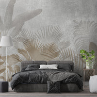 An architectural perspective of a contemporary living room featuring the Leafy Dreamscape Mural as a full-scale feature wall. The mural’s muted gray and tan tones pair elegantly with a cream-colored sofa, light wood furniture, and minimalist decor, creating a serene and sophisticated interior sanctuary.