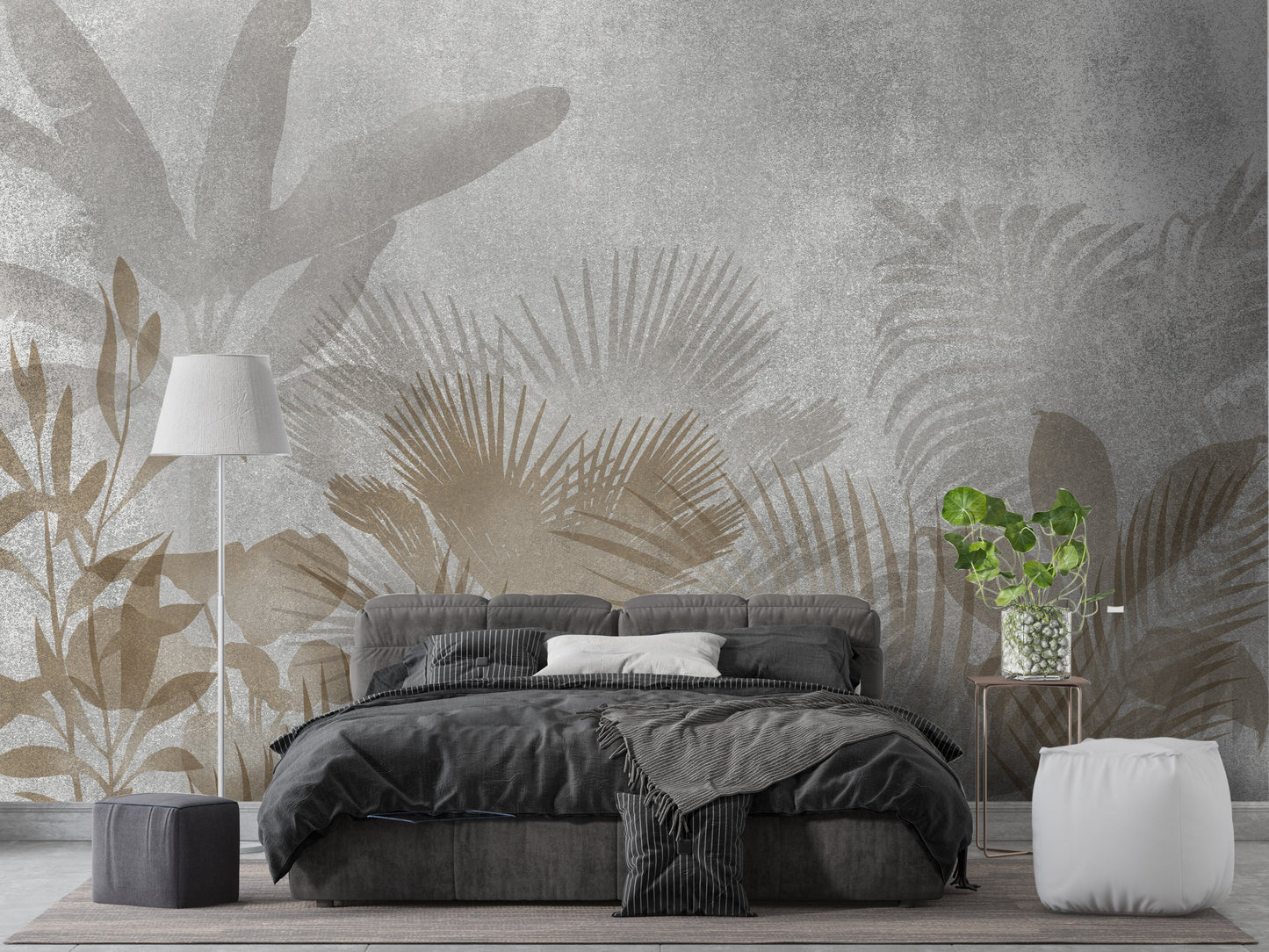 An architectural perspective of a contemporary living room featuring the Leafy Dreamscape Mural as a full-scale feature wall. The mural’s muted gray and tan tones pair elegantly with a cream-colored sofa, light wood furniture, and minimalist decor, creating a serene and sophisticated interior sanctuary.