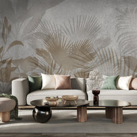 An architectural perspective of a contemporary living room featuring the Leafy Dreamscape Mural as a full-scale feature wall. The mural’s muted gray and tan tones pair elegantly with a cream-colored sofa, light wood furniture, and minimalist decor, creating a serene and sophisticated interior sanctuary.