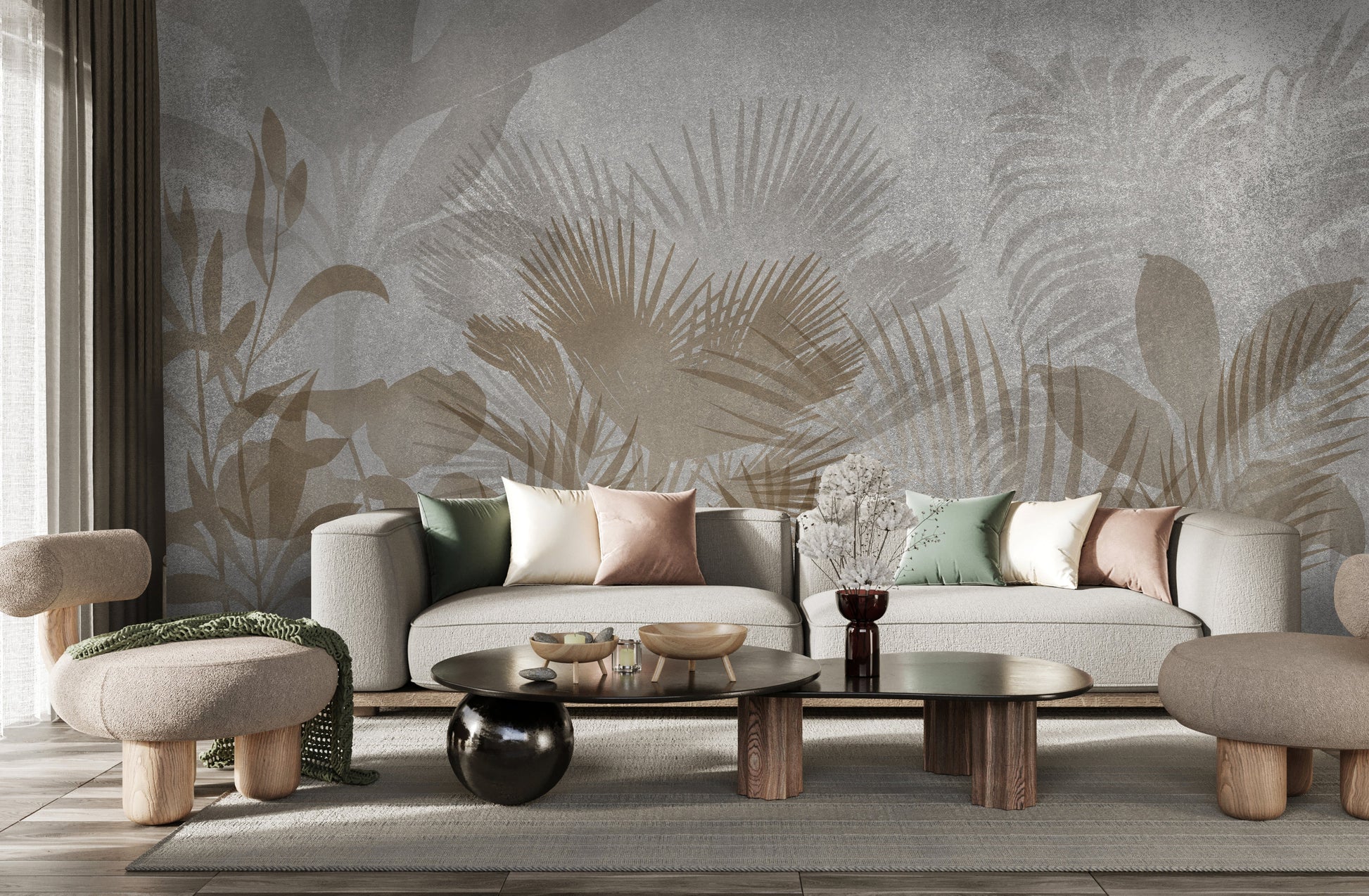 An architectural perspective of a contemporary living room featuring the Leafy Dreamscape Mural as a full-scale feature wall. The mural’s muted gray and tan tones pair elegantly with a cream-colored sofa, light wood furniture, and minimalist decor, creating a serene and sophisticated interior sanctuary.
