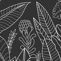 Charcoal gray tropical forest mural wallpaper installed as a feature wall in living room, dining room, and bedroom interiors with linear tropical design.
