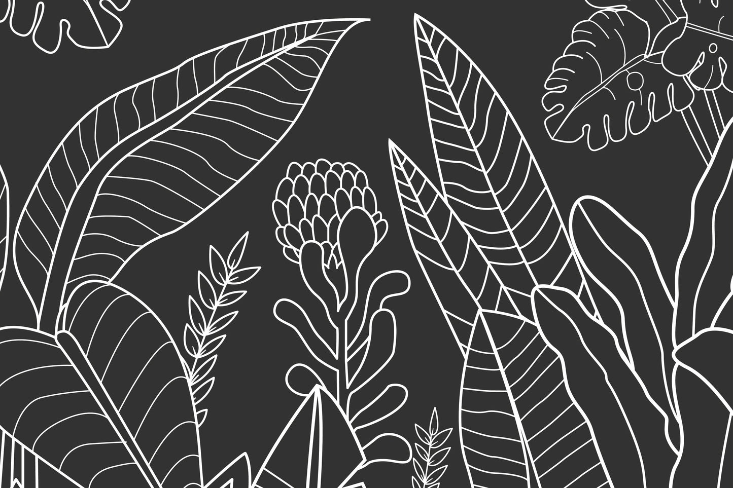 Charcoal gray tropical forest mural wallpaper installed as a feature wall in living room, dining room, and bedroom interiors with linear tropical design.