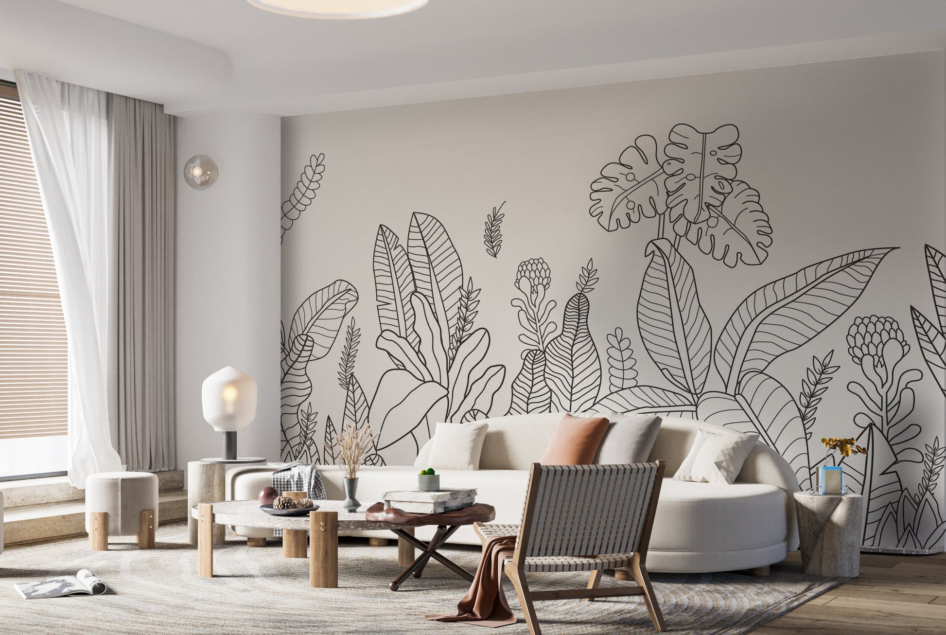 An architectural perspective of a modern living room featuring the Linear Tropical Forest Mural as a full-scale feature wall. The mural’s dark gray and white tones pair strikingly with a cognac leather armchair, light wood flooring, and minimalist furniture, creating a sophisticated and high-impact interior atmosphere.