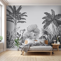 An architectural perspective of a minimalist master bedroom featuring the Linear Tropicana Mural as a full-scale feature wall behind a natural wood bed frame. The mural’s monochrome graphic style pairs elegantly with neutral linens and light oak flooring, creating a peaceful and cultured interior sanctuary.