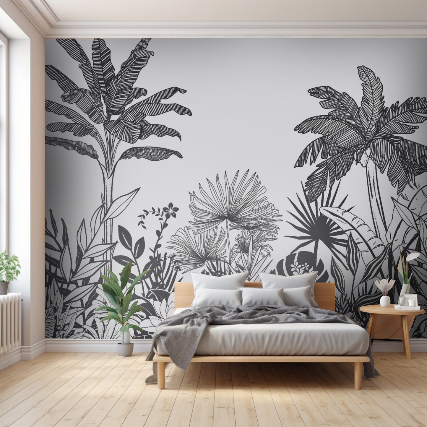 An architectural perspective of a minimalist master bedroom featuring the Linear Tropicana Mural as a full-scale feature wall behind a natural wood bed frame. The mural’s monochrome graphic style pairs elegantly with neutral linens and light oak flooring, creating a peaceful and cultured interior sanctuary.
