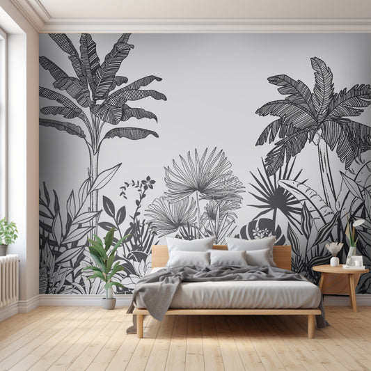 An architectural perspective of a minimalist master bedroom featuring the Linear Tropicana Mural as a full-scale feature wall behind a natural wood bed frame. The mural’s monochrome graphic style pairs elegantly with neutral linens and light oak flooring, creating a peaceful and cultured interior sanctuary.