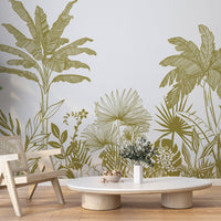 An architectural perspective of a contemporary dining area featuring the Linear Tropicana Mural in Henna Green as a full-scale feature wall. The mural’s earthy graphic style pairs elegantly with natural wood textures and woven accents, creating a peaceful and cultured interior sanctuary.