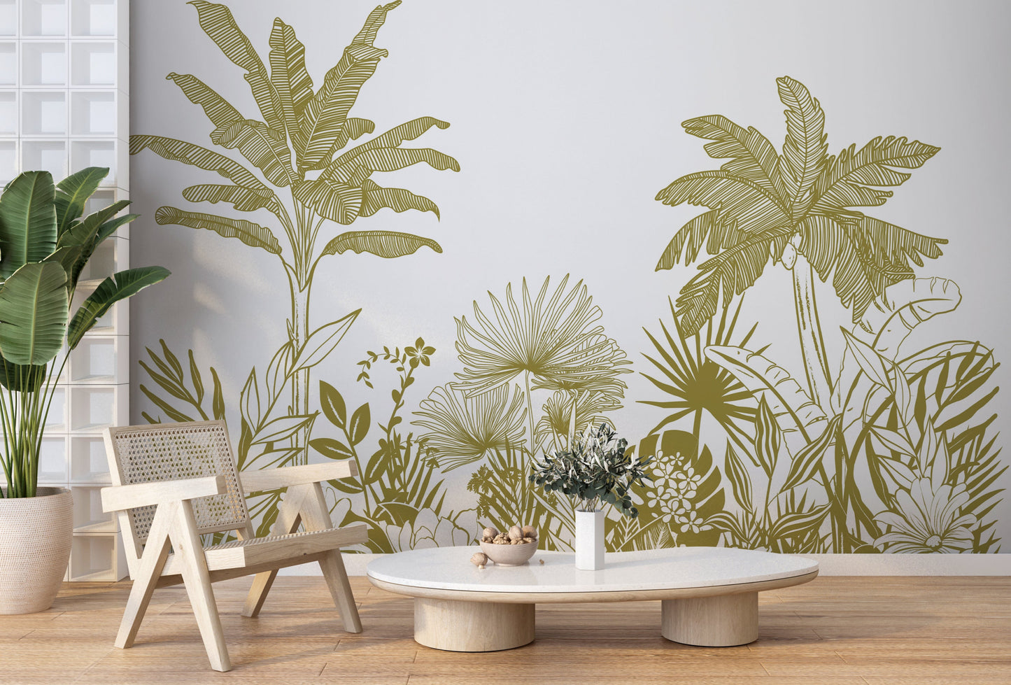 An architectural perspective of a contemporary dining area featuring the Linear Tropicana Mural in Henna Green as a full-scale feature wall. The mural’s earthy graphic style pairs elegantly with natural wood textures and woven accents, creating a peaceful and cultured interior sanctuary.