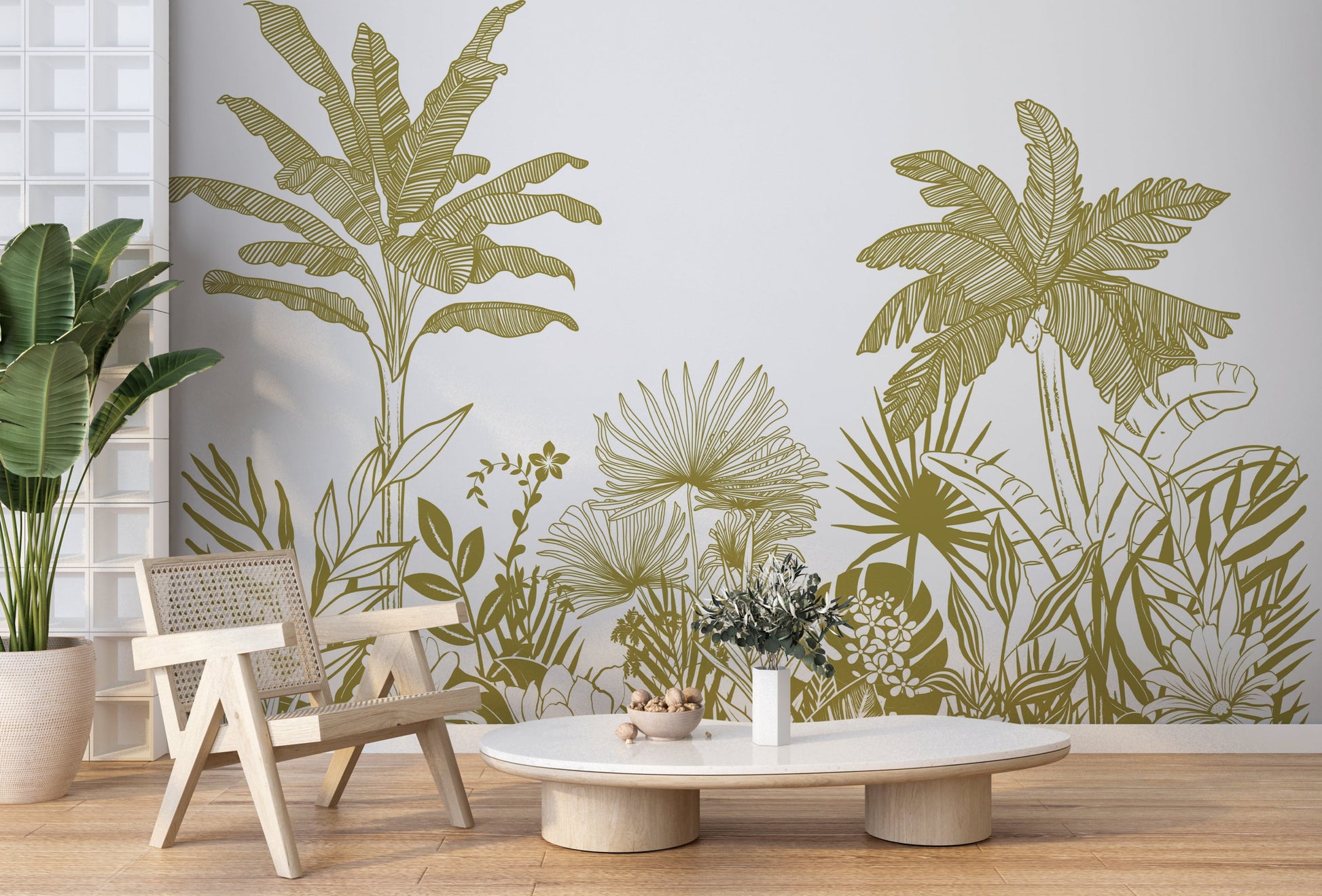 An architectural perspective of a contemporary dining area featuring the Linear Tropicana Mural in Henna Green as a full-scale feature wall. The mural’s earthy graphic style pairs elegantly with natural wood textures and woven accents, creating a peaceful and cultured interior sanctuary.