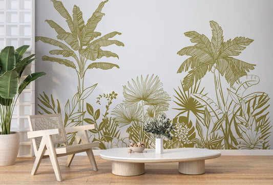An architectural perspective of a contemporary dining area featuring the Linear Tropicana Mural in Henna Green as a full-scale feature wall. The mural’s earthy graphic style pairs elegantly with natural wood textures and woven accents, creating a peaceful and cultured interior sanctuary.