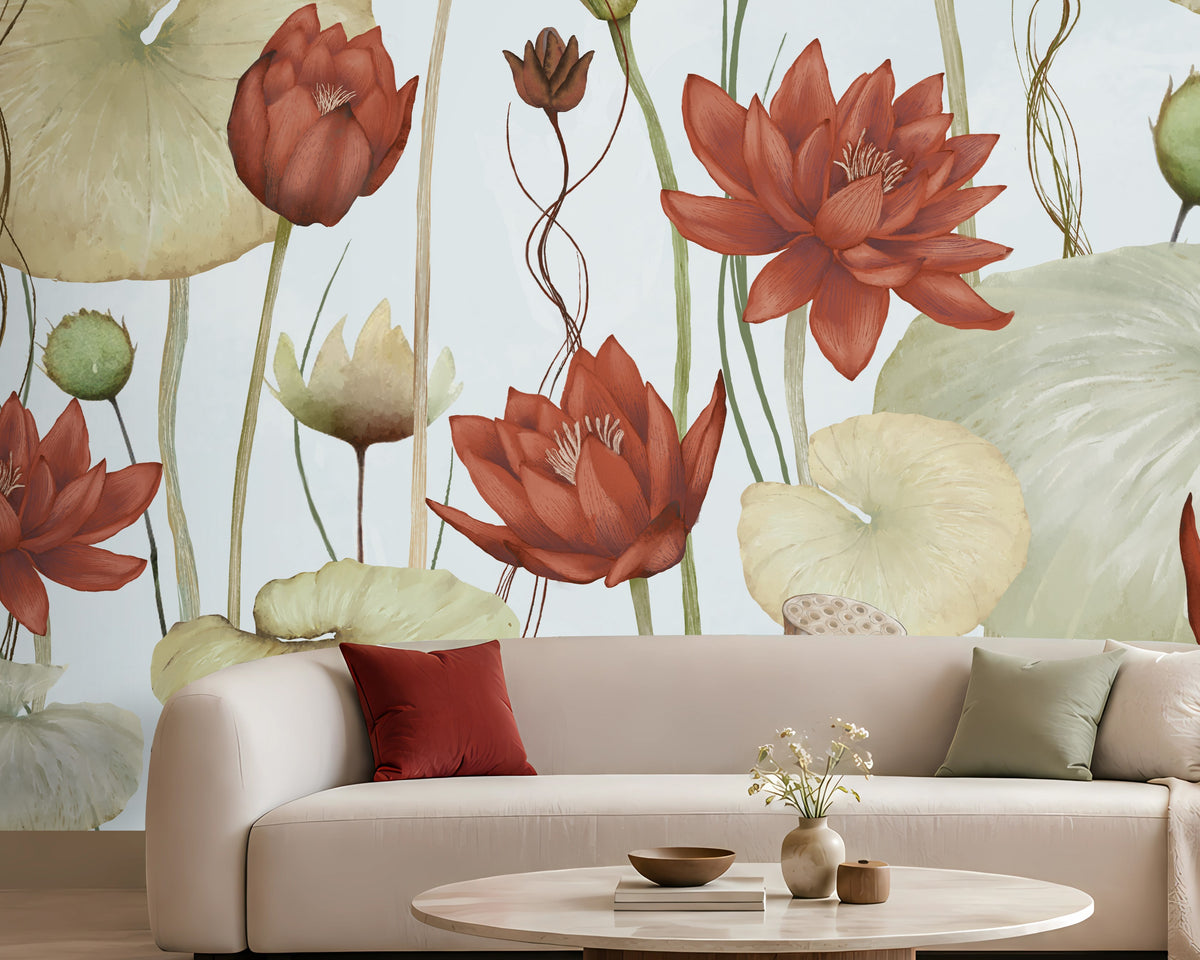 A large-scale lotus wallpaper mural featuring red and orange lotus flowers and green lily pads on a pale blue background, shown behind a modern beige sofa with decorative pillows in a styled living room setting.