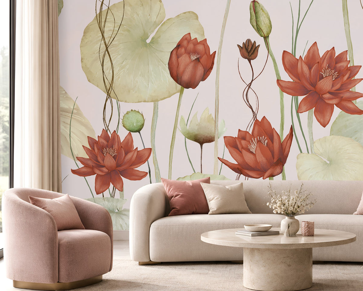 A large-scale wall mural featuring watercolor-style red lotus flowers and green lily pads, shown in a modern living room setting behind a cream sofa, a pink armchair, and a round coffee table.