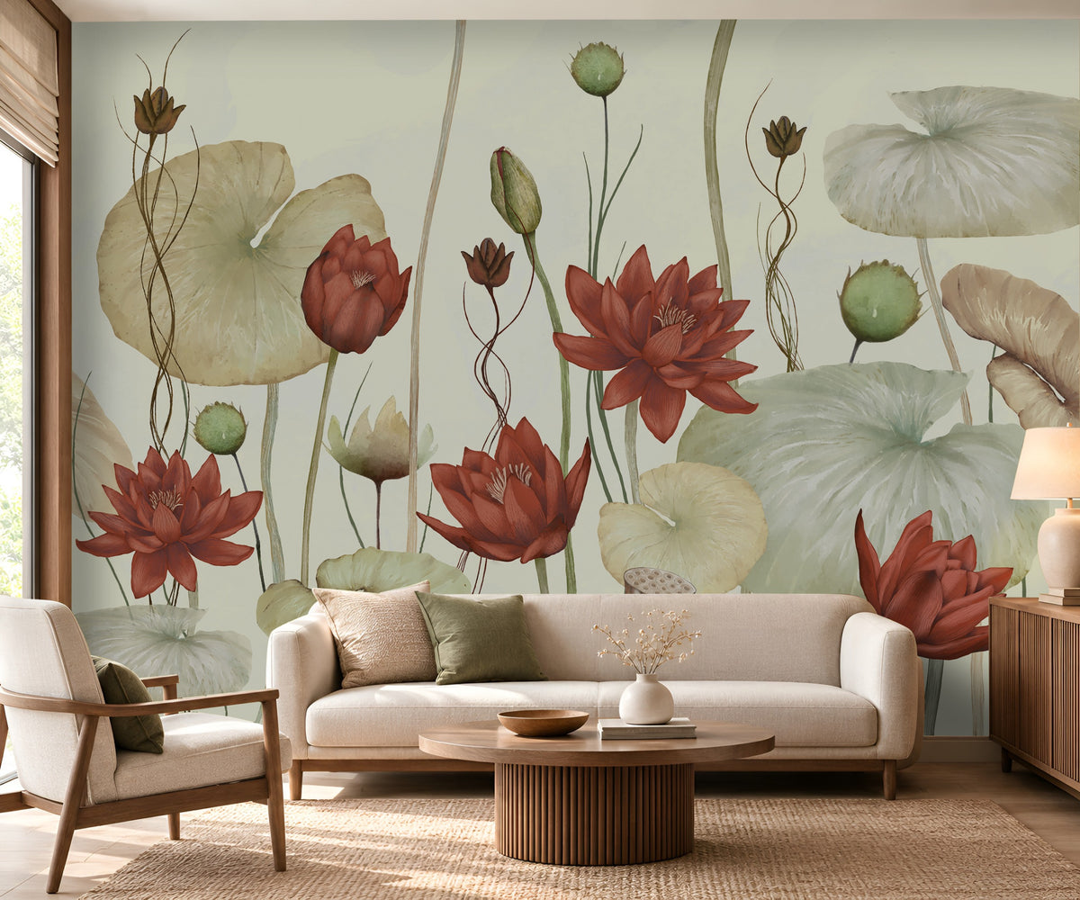 A large-scale wall mural featuring water lotus flowers and lily pads in muted earthy tones, displayed behind a cream sofa and wooden coffee table in a modern living room setting.